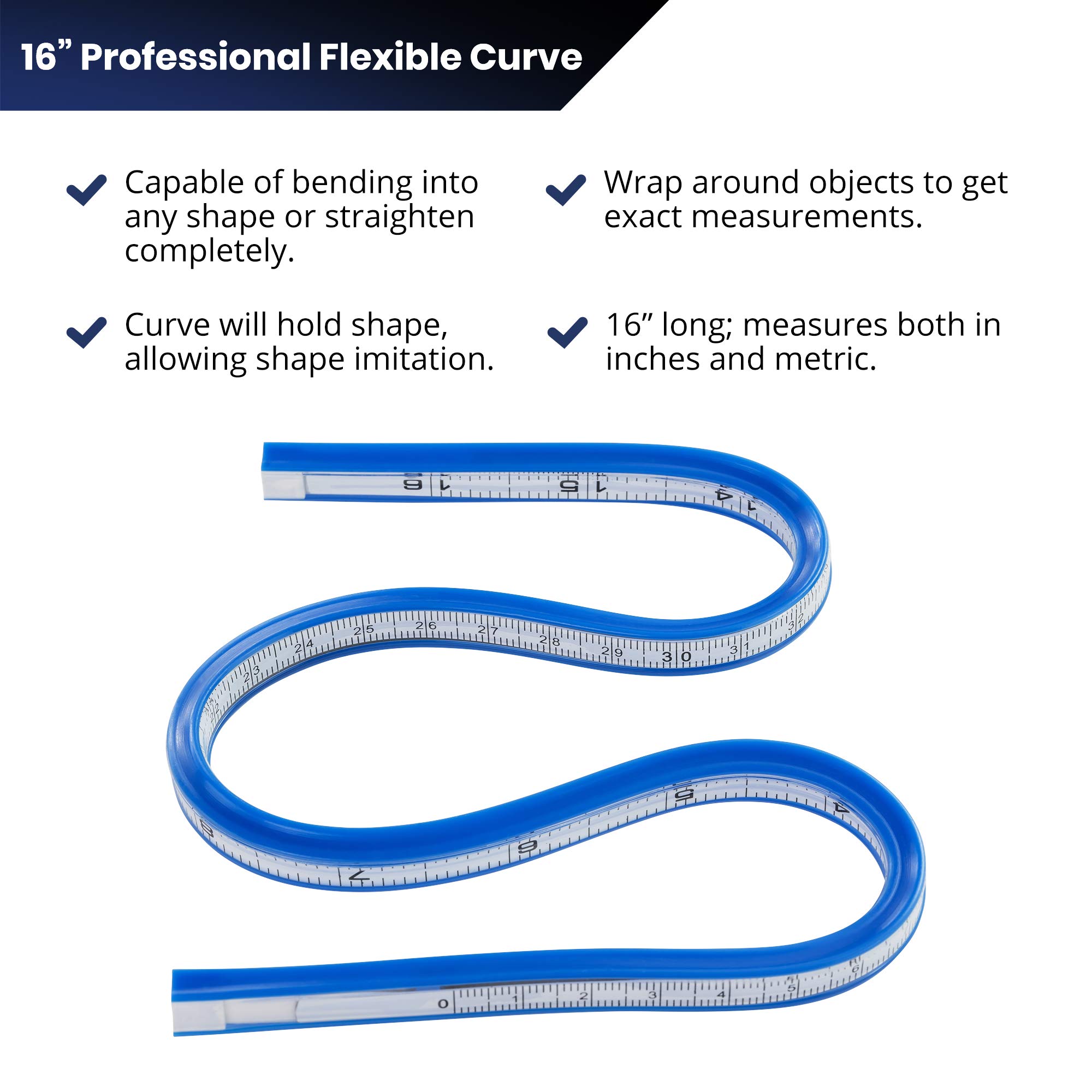 Pacific Arc Flexible Curve Graduated 16 Inch Ruler with Inking Edge, for Drawing, Pattern Making, Engineering, Stencil Making, Saddle Fitting