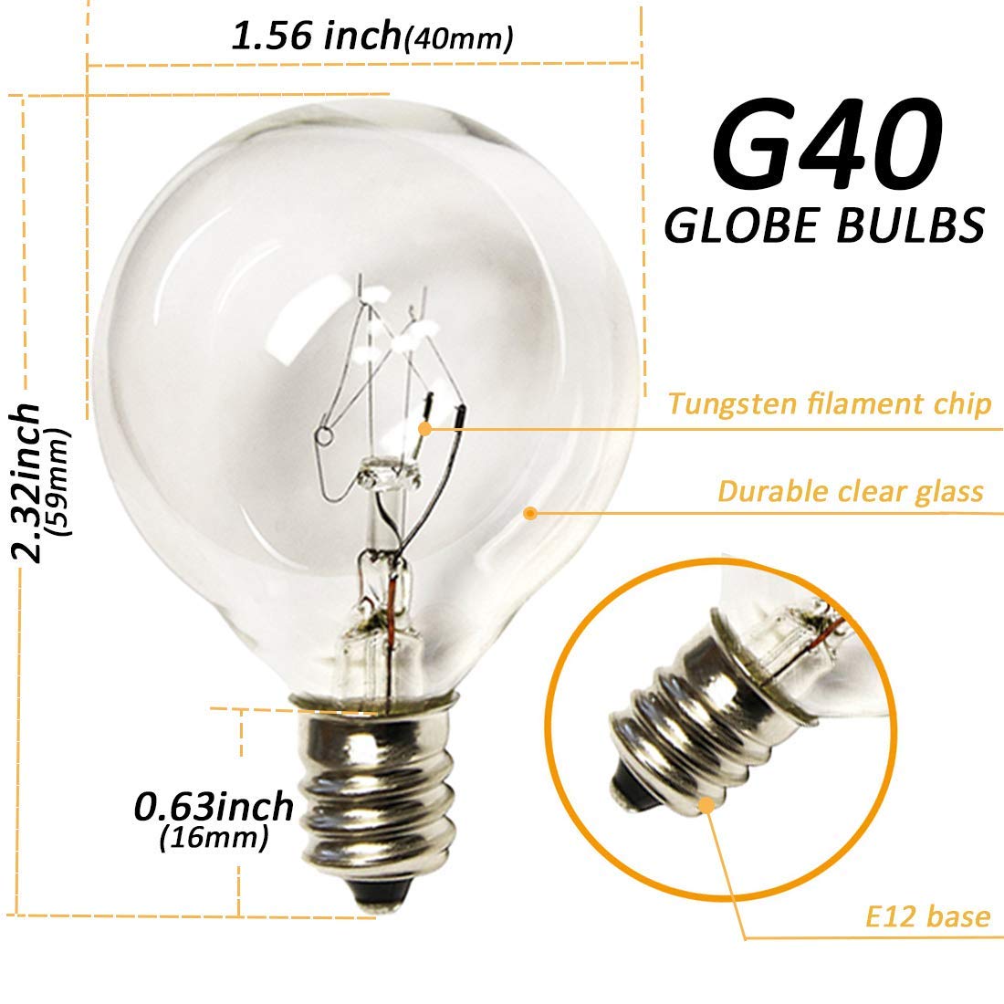 30 Pack of G40 Replacement Bulbs, 5 Watt G40 Globe Bulbs for String Lights, Candelabra Screw Base, Fits E12 and C7 Sockets, Indoor-Outdoor Use, Clear Glass G40 Bulbs, Secure and Convenient Packaging