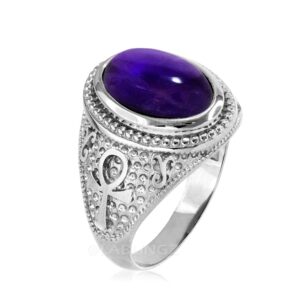 Sterling Silver Egyptian Ankh Cross Purple Amethyst Gemstone Ring (12.5)