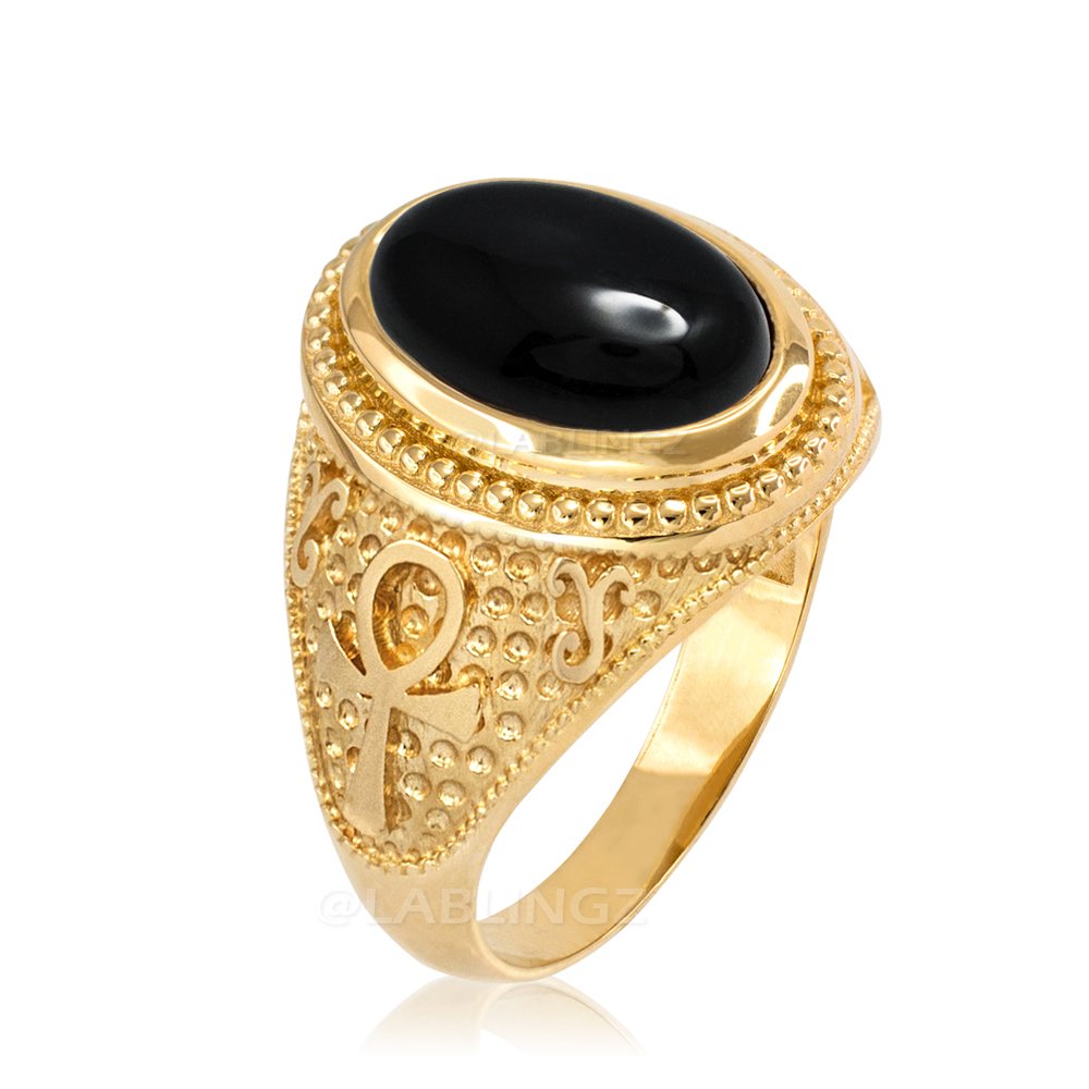 14K Yellow Gold Egyptian Ankh Cross Black Onyx Gemstone Ring (11)