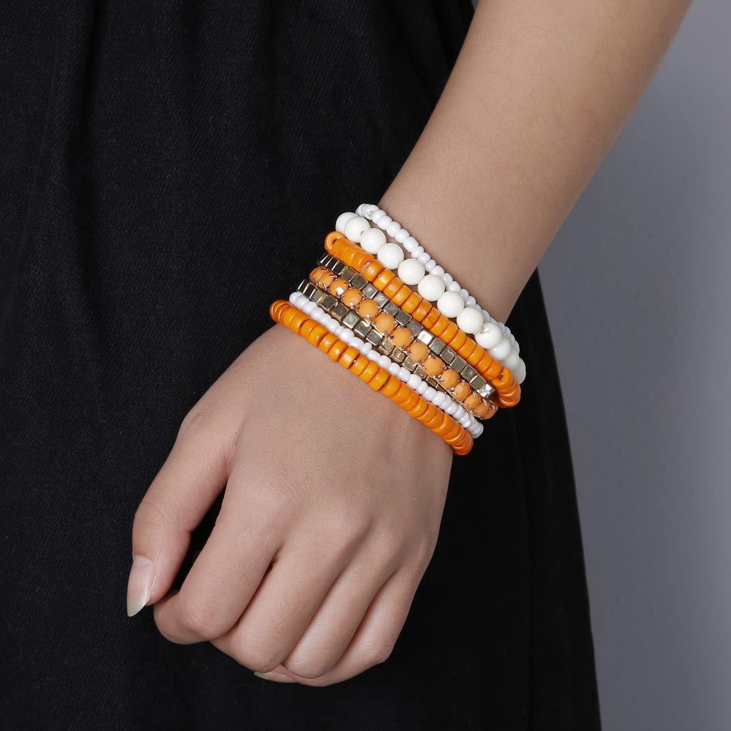 LUREME Bohemian Beads Cube Multi Strand Stretch Stackable Bangle Bracelet Set-Orange (bl003172-2)