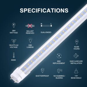 JOMITOP T8 LED Light Bulb 4FT, Ballast Bypass Required, 3360 Lumens, 2pin G13 End Cold White 6000K, Replace 80W Fluorescent Light,Cold White 6000K, Dual-End Powered Clear Cover AC 85-277V 25Pack