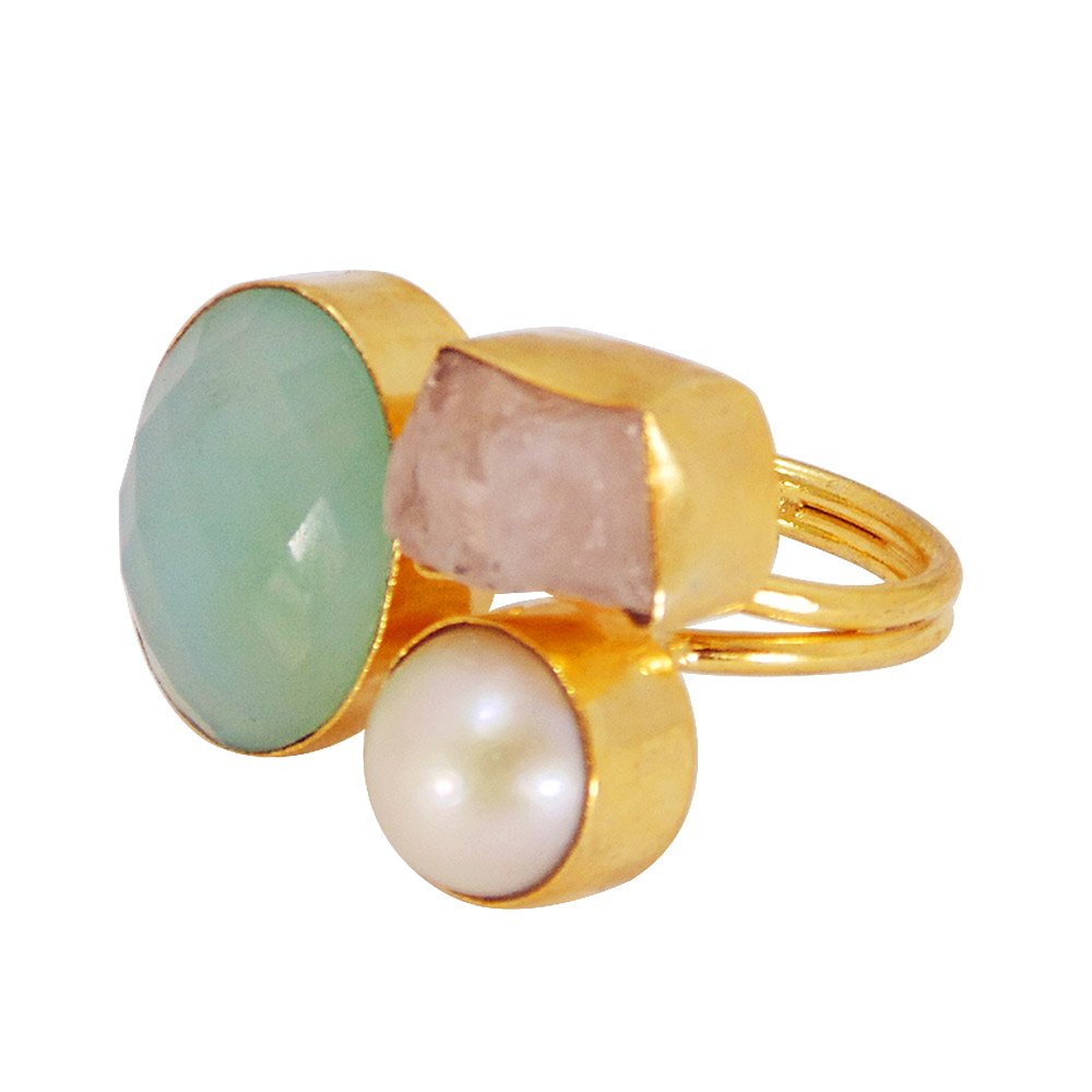 Bhagat Jewels Beautiful 22k Gold Vermeil Aqua Chalcedony, Pearl and Rose Quartz Gemstone Adjustable Ring