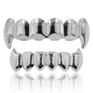 JINAO Silver Vampire Fangs Teeth Grillz Face 18K Gold Plated Top Bottom Grills for Your Teeth Set for Men and Women Hip Hop Jewelry (Silver grillz)