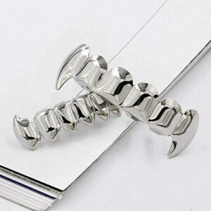 JINAO Silver Vampire Fangs Teeth Grillz Face 18K Gold Plated Top Bottom Grills for Your Teeth Set for Men and Women Hip Hop Jewelry (Silver grillz)