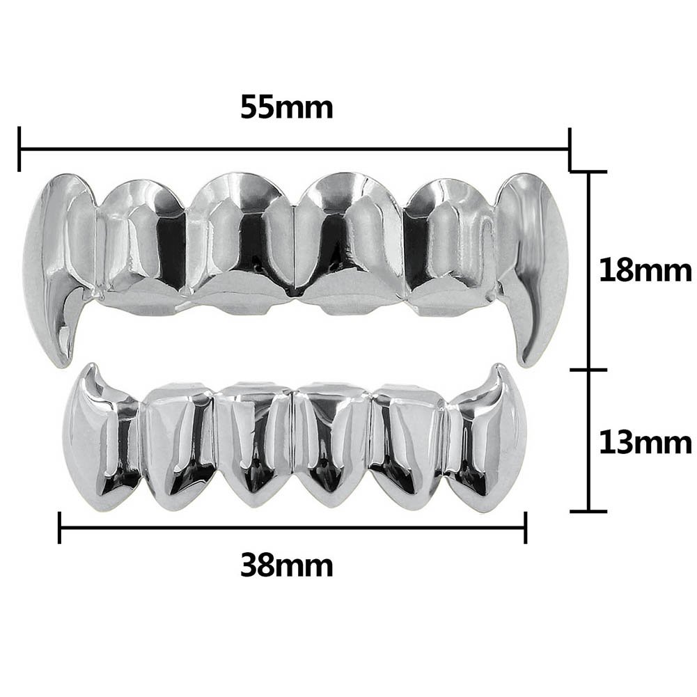 JINAO Silver Vampire Fangs Teeth Grillz Face 18K Gold Plated Top Bottom Grills for Your Teeth Set for Men and Women Hip Hop Jewelry (Silver grillz)