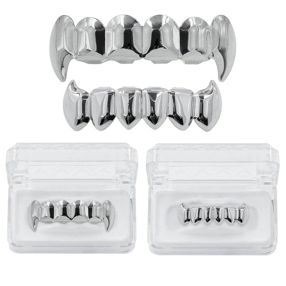 JINAO Silver Vampire Fangs Teeth Grillz Face 18K Gold Plated Top Bottom Grills for Your Teeth Set for Men and Women Hip Hop Jewelry (Silver grillz)