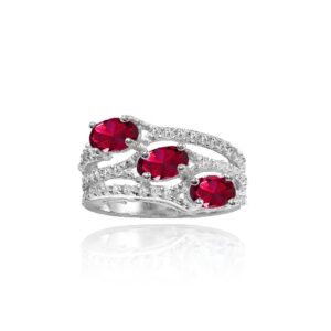 ice gems sterling silver created ruby and white topaz oval three stone ring, size 9