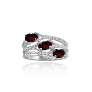 ice gems sterling silver garnet and white topaz oval three stone ring, size 6