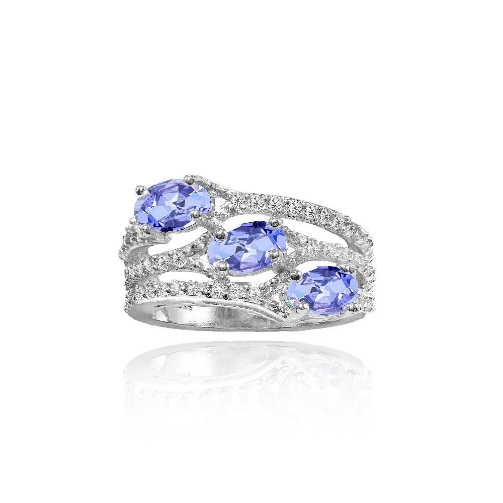 Ice Gems Sterling Silver Tanzanite and White Topaz Oval Three Stone Ring, Size 5