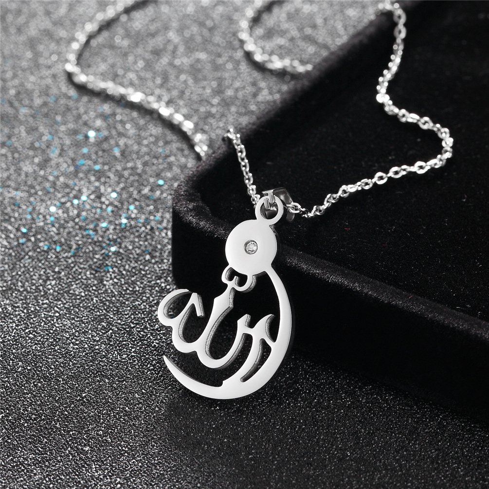 Allah Necklace Women Muslim Islamic Jewelry Chain Silver Stainless Steel Crescent Moon Allah Small Pendant