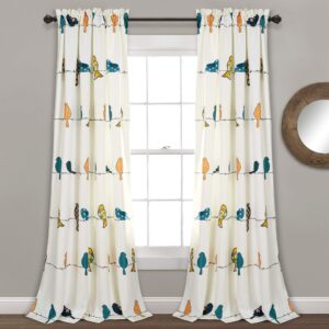 lush decor rowley birds light filtering window curtain panels, pair, 52" w x 84" l, multi - colorful floral print - whimsical & playful bird curtains for bedroom, living room, or dining room