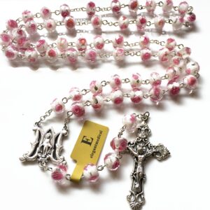 elegantmedical Handmade ROSE PINK Veluriyam ROSE BEADS ROSARY & ITALY CROSS MEDAL Catholic necklace GIFT BOX