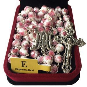 elegantmedical Handmade ROSE PINK Veluriyam ROSE BEADS ROSARY & ITALY CROSS MEDAL Catholic necklace GIFT BOX