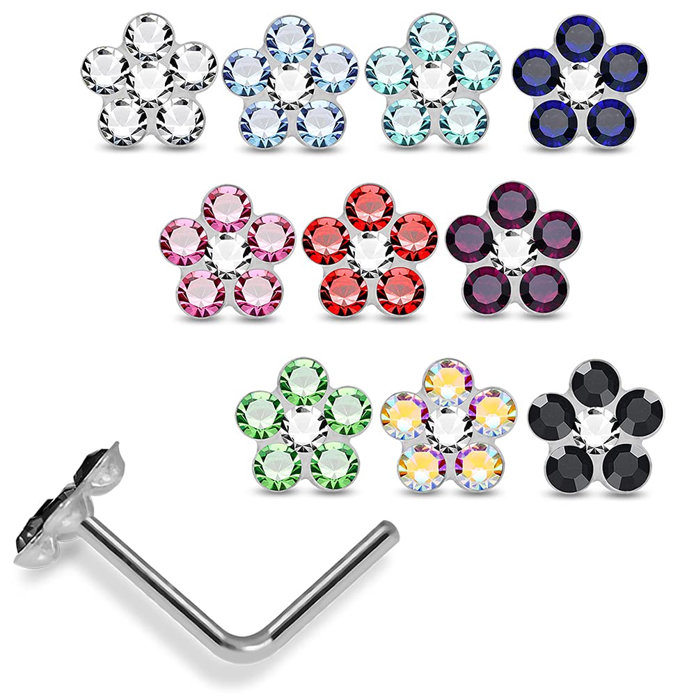 20 Pieces Box Set of Mix Colored Multi Crystal Stone Flower Top 22 Gauge 925 Sterling Silver L Shape Nose Stud