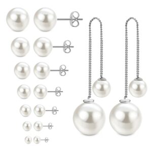 jewelrieshop pearl earrings faux pearl stud ball earrings hypoallergenic pearl drop dangle for women (7 pairs studs and 1 pairs dangle earrings)