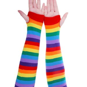 Chalier Womens Rainbow Striped Knee Thigh High Socks Arm Warmer Fingerless Gloves 2 Pairs(rainbow Set) One Size