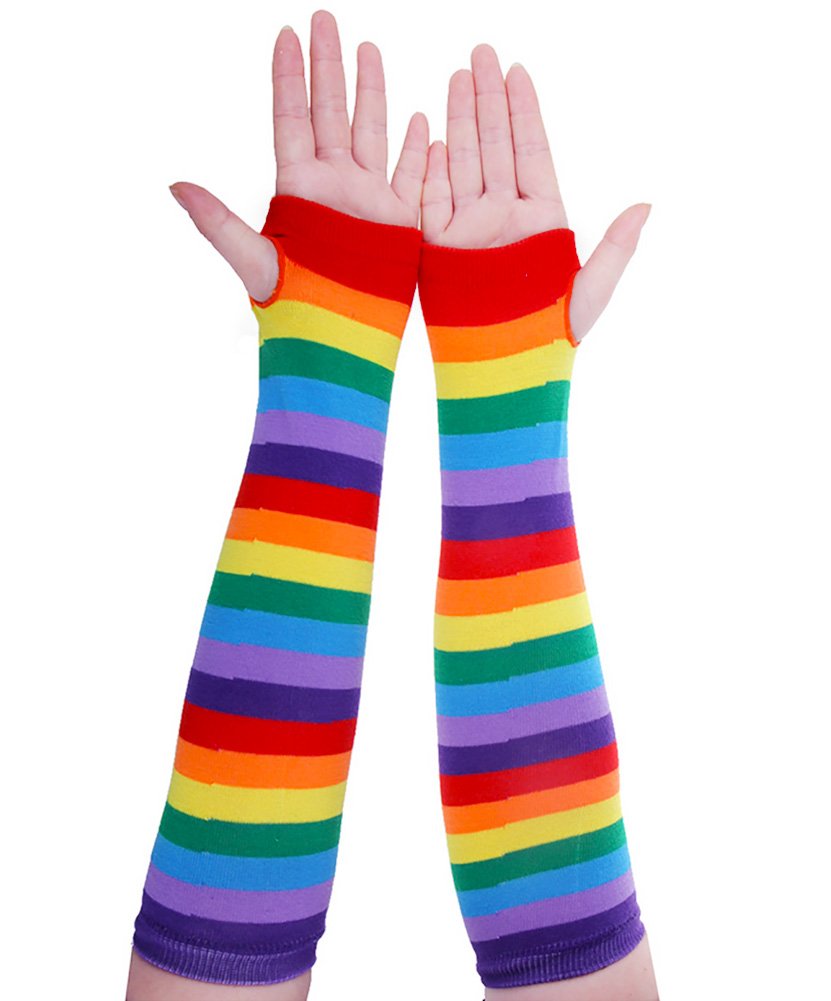 Chalier Womens Rainbow Striped Knee Thigh High Socks Arm Warmer Fingerless Gloves 2 Pairs(rainbow Set) One Size