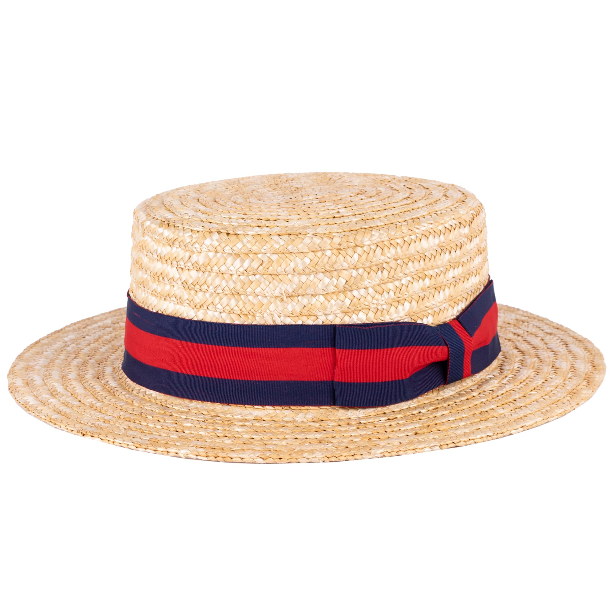 ZAKIRA Classic Straw Boater Hat Handmade from Natural Straw (Navy-Red Band, M)