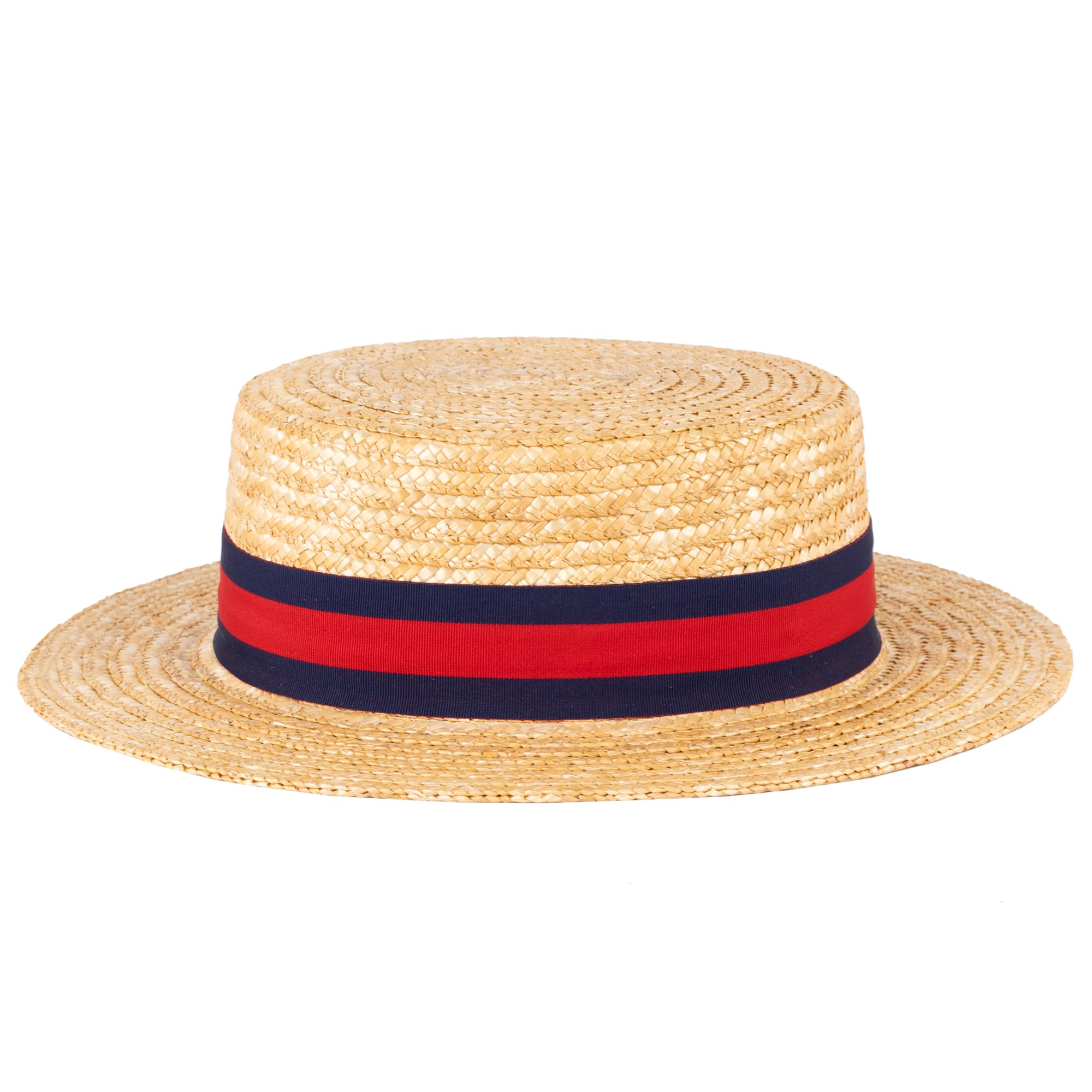 ZAKIRA Classic Straw Boater Hat Handmade from Natural Straw (Navy-Red Band, M)