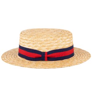 ZAKIRA Classic Straw Boater Hat Handmade from Natural Straw (Navy-Red Band, M)