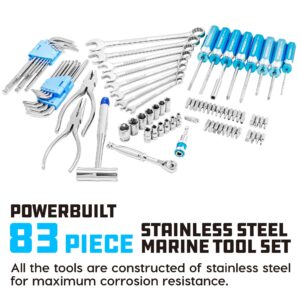 Powerbuilt 83 Pc. 420J2 Stainless Steel Marine Boat Repair Tool Set, Drivers, Pliers, Wrenches, Mallet, Bit Driver/Bits, Sockets, Watertight Shock Resistant Case with Lift-Out Foam Tool Trays - 642411