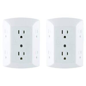 GE 6-Outlet Extender, 2 Pack, Grounded Wall Tap, Adapter Spaced Outlets, 3-Prong, Multiple Plug, Quick and Easy Install, Cruise Essentials, UL Listed, White, 40222