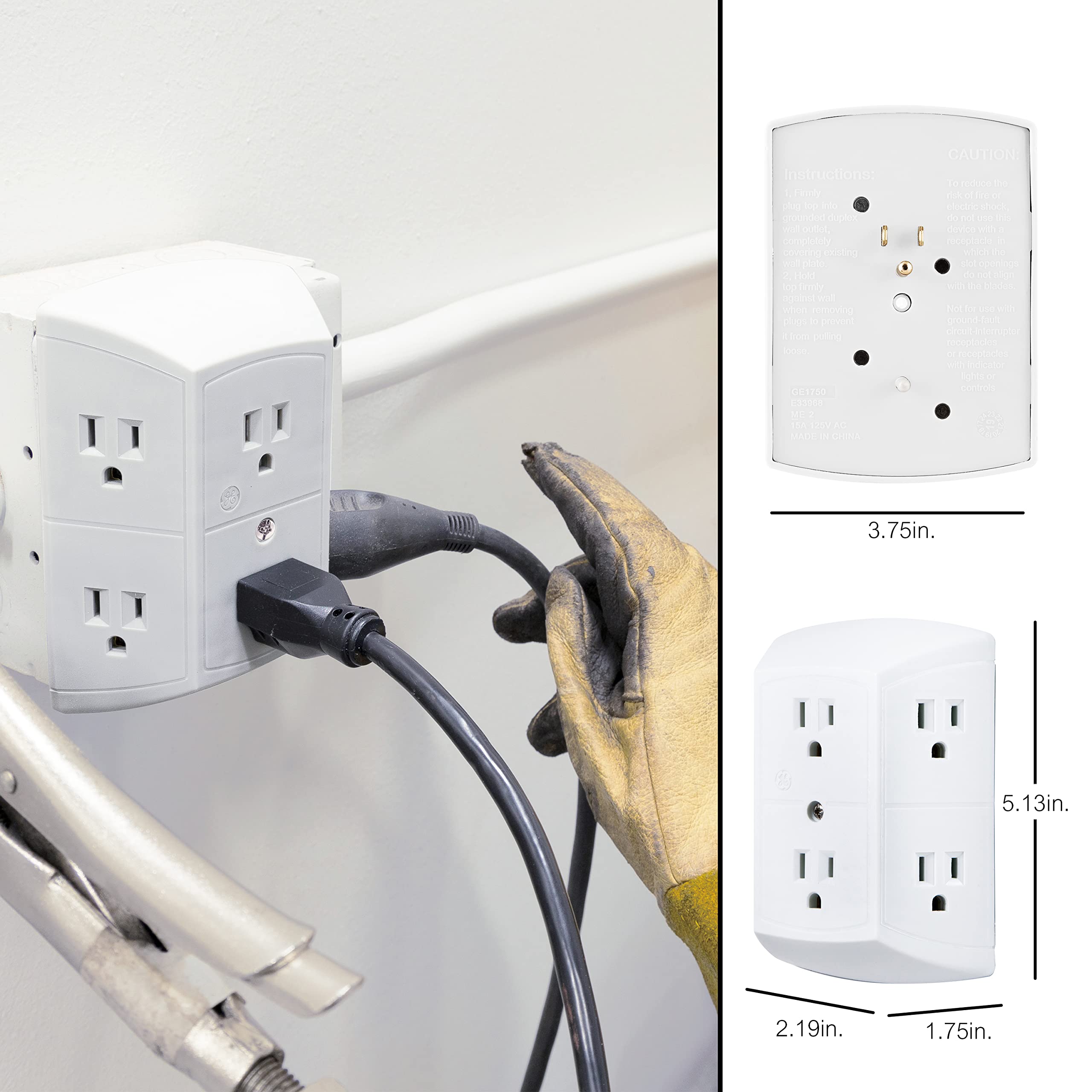 GE 6-Outlet Extender, 2 Pack, Grounded Wall Tap, Adapter Spaced Outlets, 3-Prong, Multiple Plug, Quick and Easy Install, Cruise Essentials, UL Listed, White, 40222