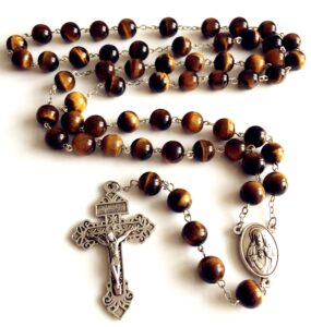 elegantmedical handmade 10mm tiger eye beads rosar cross catholic necklace men's womens religion gift box