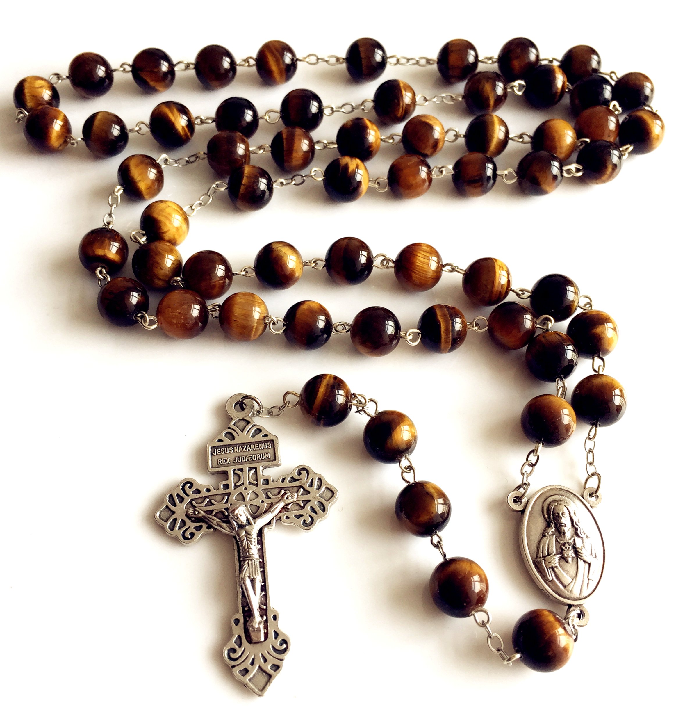 elegantmedical Handmade 10MM Tiger Eye Beads Rosar Cross Catholic Necklace Men's Womens Religion Gift box