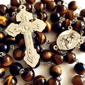 elegantmedical Handmade 10MM Tiger Eye Beads Rosar Cross Catholic Necklace Men's Womens Religion Gift box