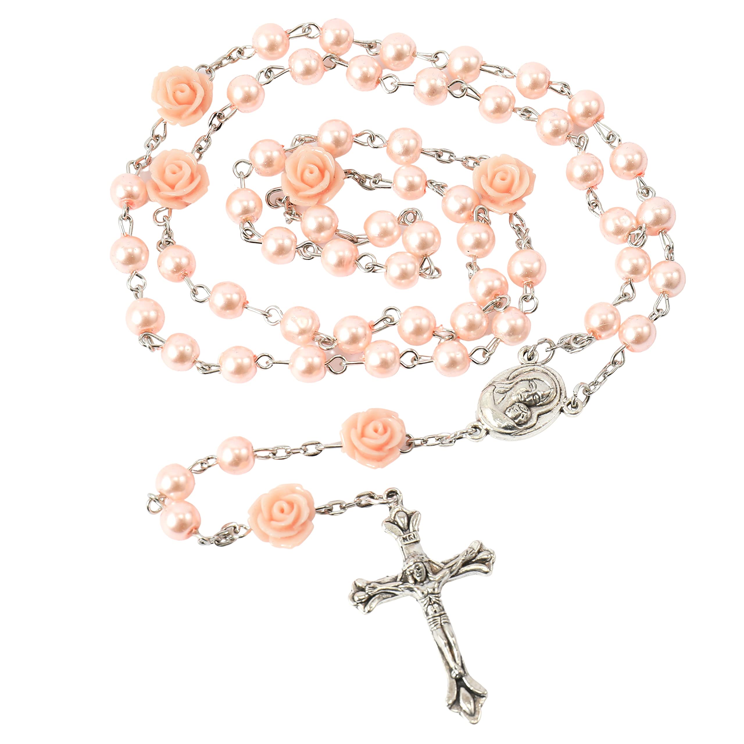 Nazareth Store Catholic Pink Pearl Beads Rosary Necklace Maddona Holy Soil Medal & Cross Crucifix