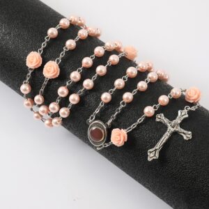 Nazareth Store Catholic Pink Pearl Beads Rosary Necklace Maddona Holy Soil Medal & Cross Crucifix