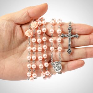 Nazareth Store Catholic Pink Pearl Beads Rosary Necklace Maddona Holy Soil Medal & Cross Crucifix