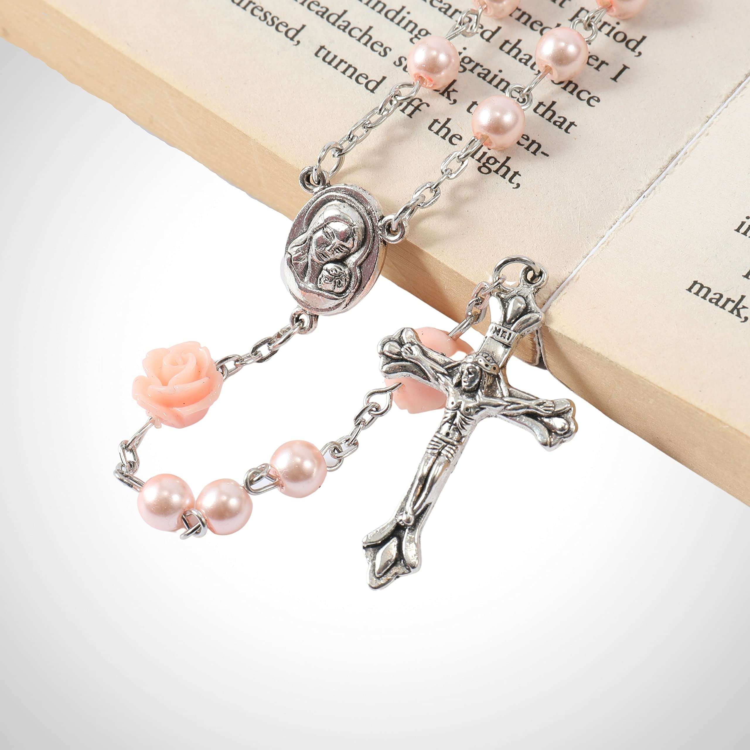 Nazareth Store Catholic Pink Pearl Beads Rosary Necklace Maddona Holy Soil Medal & Cross Crucifix