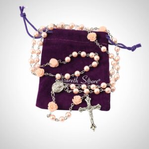 Nazareth Store Catholic Pink Pearl Beads Rosary Necklace Maddona Holy Soil Medal & Cross Crucifix