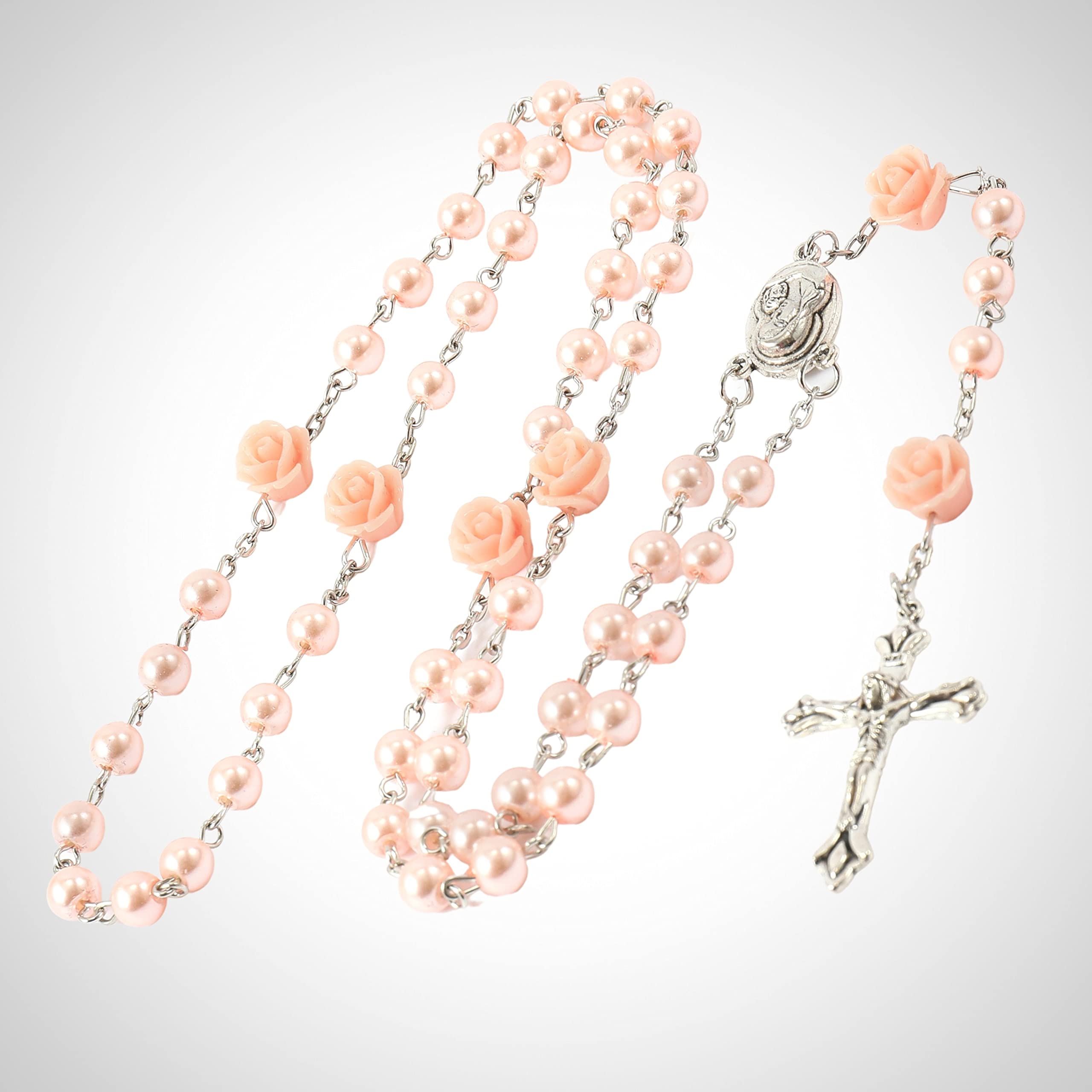 Nazareth Store Catholic Pink Pearl Beads Rosary Necklace Maddona Holy Soil Medal & Cross Crucifix