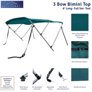 SavvyCraft Bimini TOP Boat Cover Teal 3 Bow 72" L 46" H 85"-90" W - W/Boot & Rear Poles