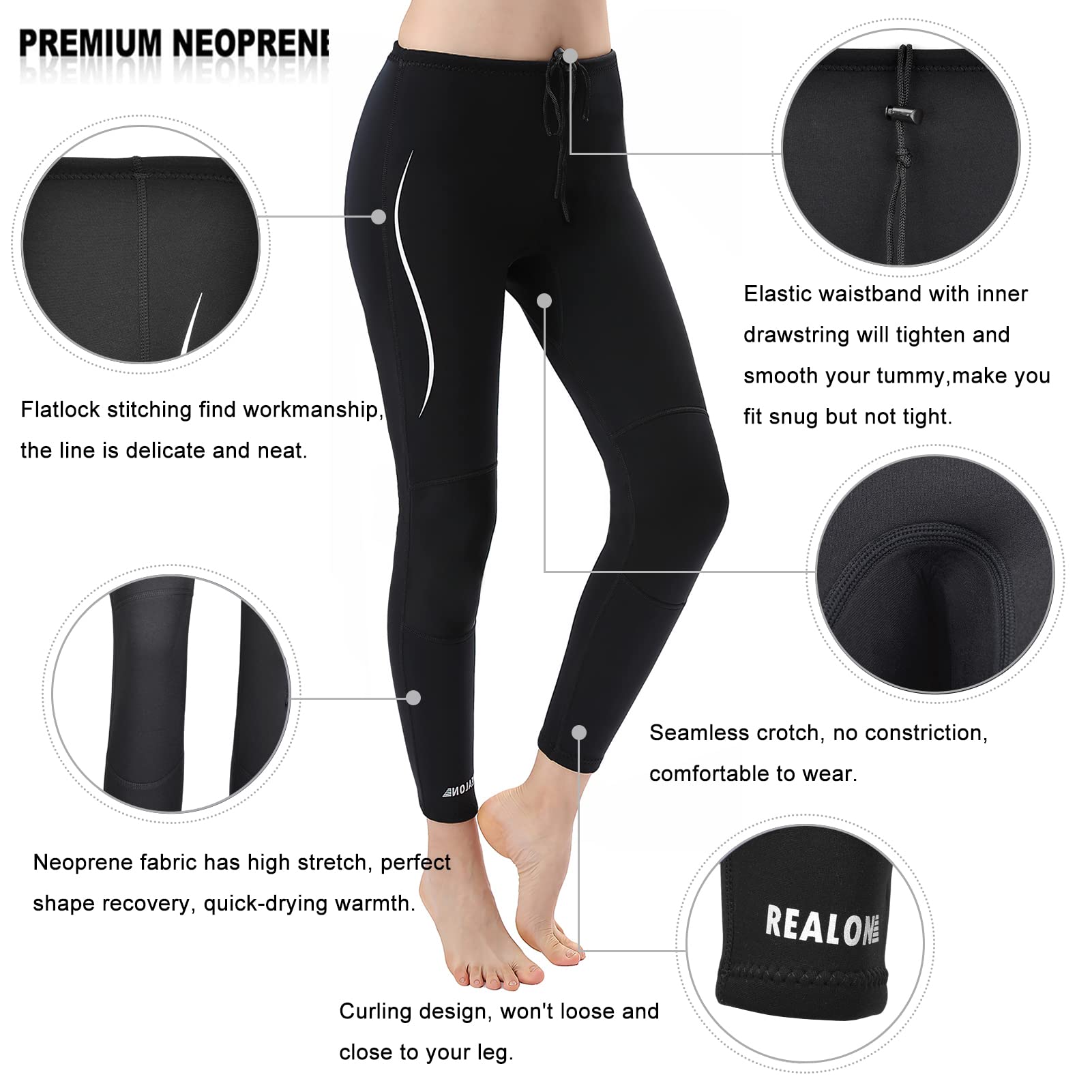 REALON Wetsuit Pants Men Womens Wet Suits Swim Tights 3mm Neoprene Swimming Leggings 2mm Long Diving Surfing Kayak Pant Keep Warm for Workout Scuba Snorkeling Canoeing Water Sports