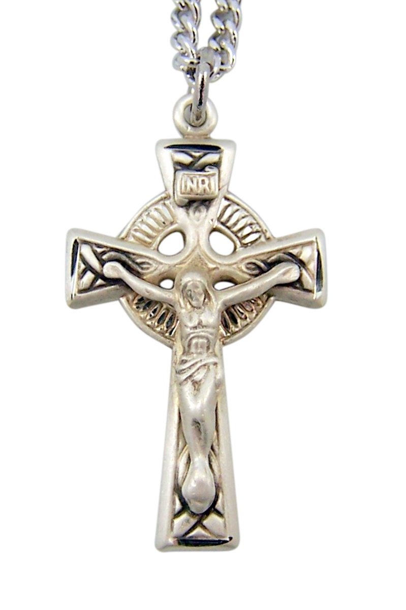 Sterling Silver Irish Catholic Celtic Cross Crucifix Pendant, 1 1/4 Inch