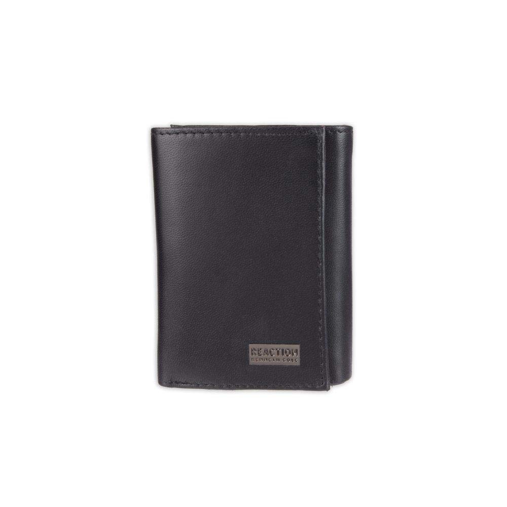 Kenneth Cole Reaction Men's Wallet - RFID Genuine Leather Slim Trifold with ID Window and Card Slots, Black Plaque