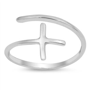 Open Sideways Cross Adjustable Christian Ring Sterling Silver Band Size 6