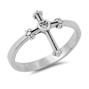 Solitaire Clear CZ Heart Cross Ring Sterling Silver Christian Band Size 10