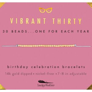 Lucky Feather 30th Birthday Gifts for Women; 30th Birthday Bracelet with 30 14K Gold Dipped Beads on Adjustable Cord; 30 Birthday Gift Ideas for Her