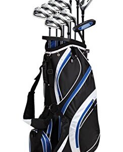 18 Piece Men's Complete Golf Club Package Set With Titanium Driver, #3 & #5 Fairway Woods, #4 Hybrid, 5-SW Irons, Putter, Stand Bag, 4 H/C's (Blue, Regular Size)