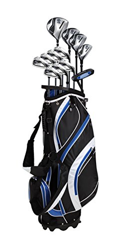 18 Piece Men's Complete Golf Club Package Set With Titanium Driver, #3 & #5 Fairway Woods, #4 Hybrid, 5-SW Irons, Putter, Stand Bag, 4 H/C's (Blue, Regular Size)