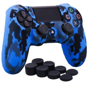 YoRHa Water Transfer Printing Camouflage Silicone Cover Skin Case for Sony PS4/slim/Pro Dualshock 4 Controller x 1(Blue) with Pro Thumb Grips x 8