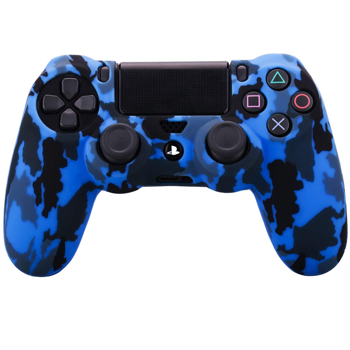 YoRHa Water Transfer Printing Camouflage Silicone Cover Skin Case for Sony PS4/slim/Pro Dualshock 4 Controller x 1(Blue) with Pro Thumb Grips x 8