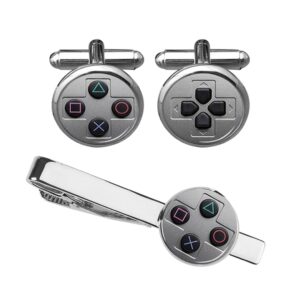 ZUNON Game Console Button Cufflinks & Tie Clip Groom Groomsmen Team Wedding Anniversary Party Gifts Glass Dome (Silver Cufflink Tieclip Set)