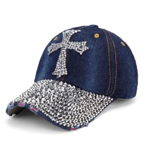 Song Qing Jean Snapback Hat Women Men Bling Cross Rhinestones Denim Baseball Cap Dark Blue